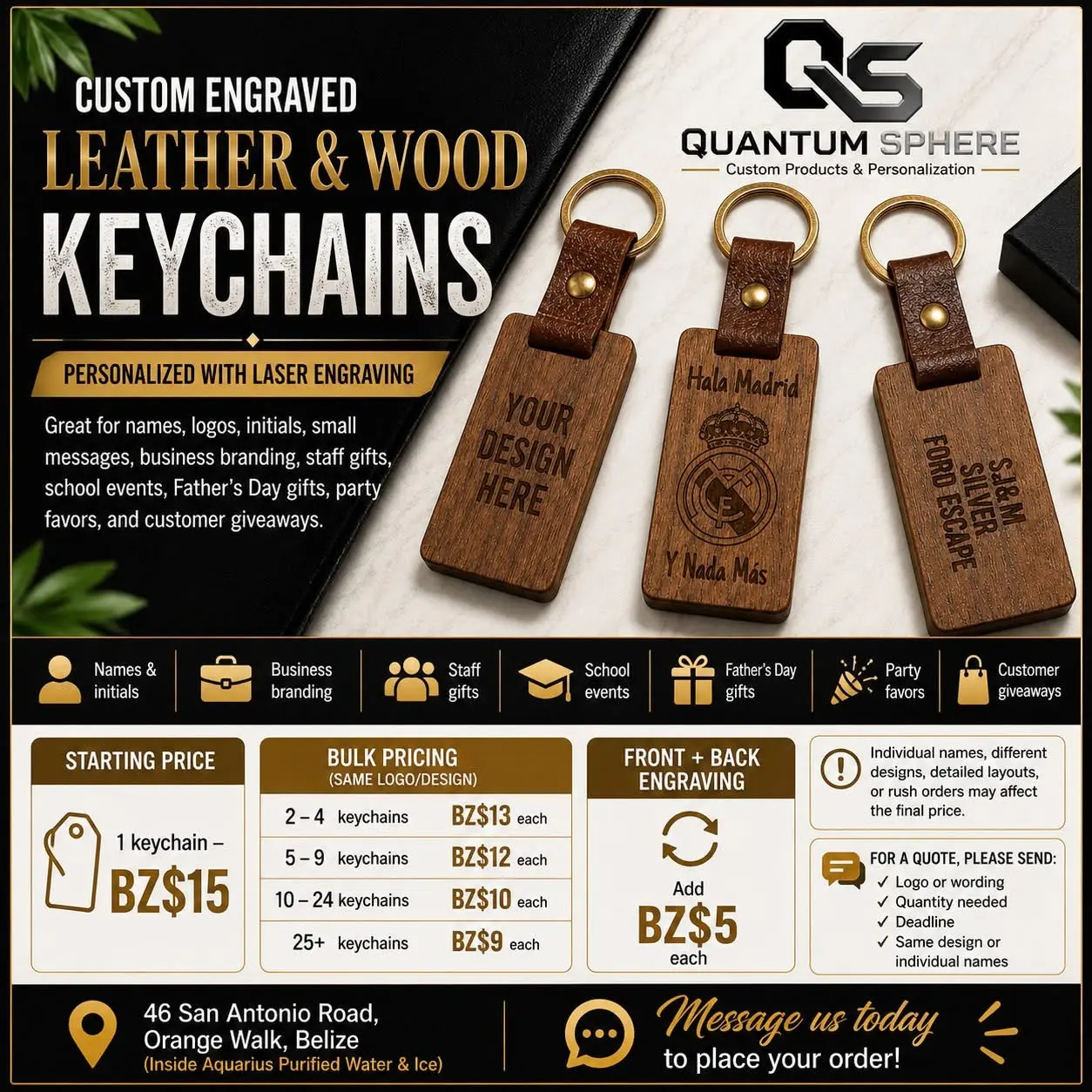 Custom Engraved Leather & Wood Keychain by Quantum Sphere