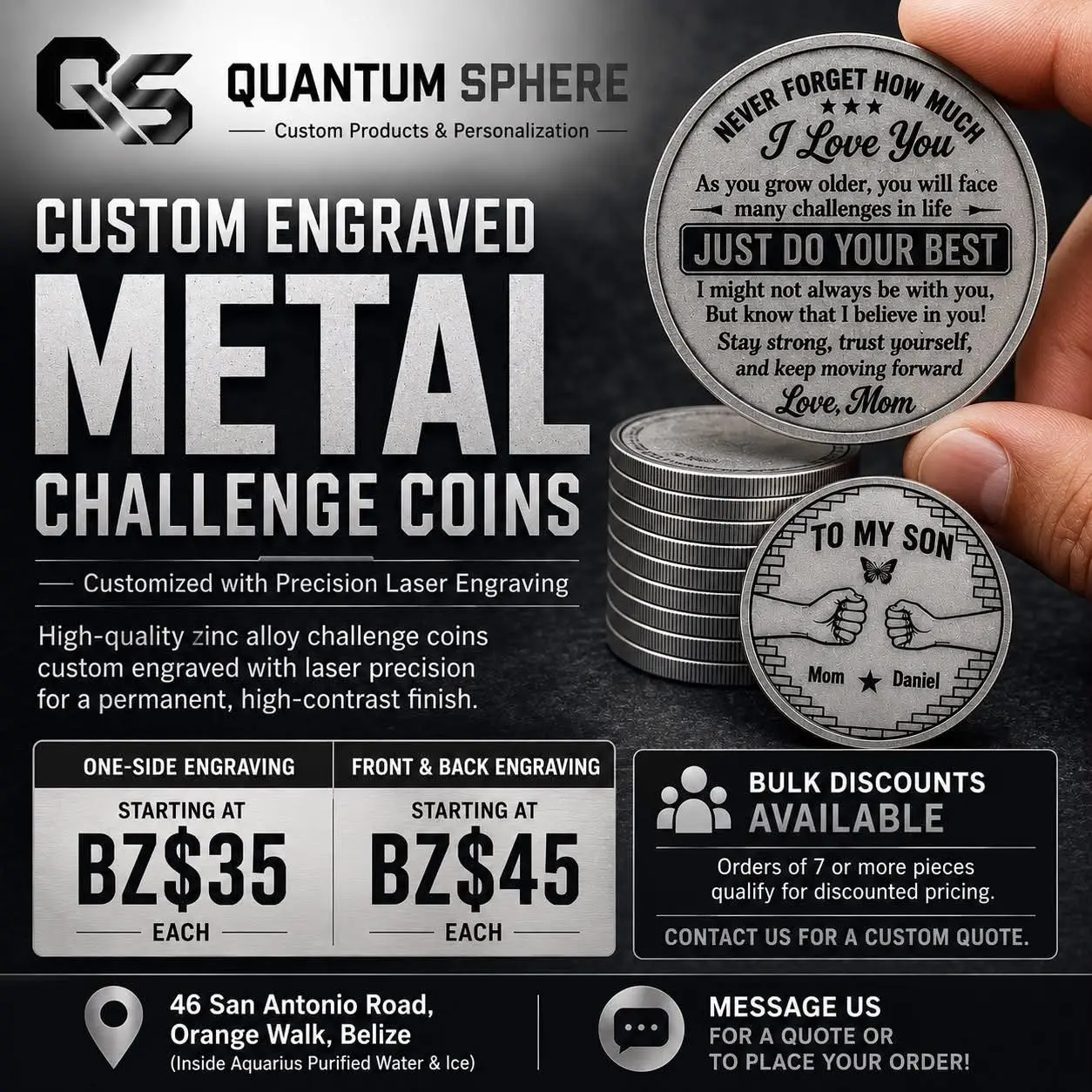 Custom engraved silver-tone metal challenge coins