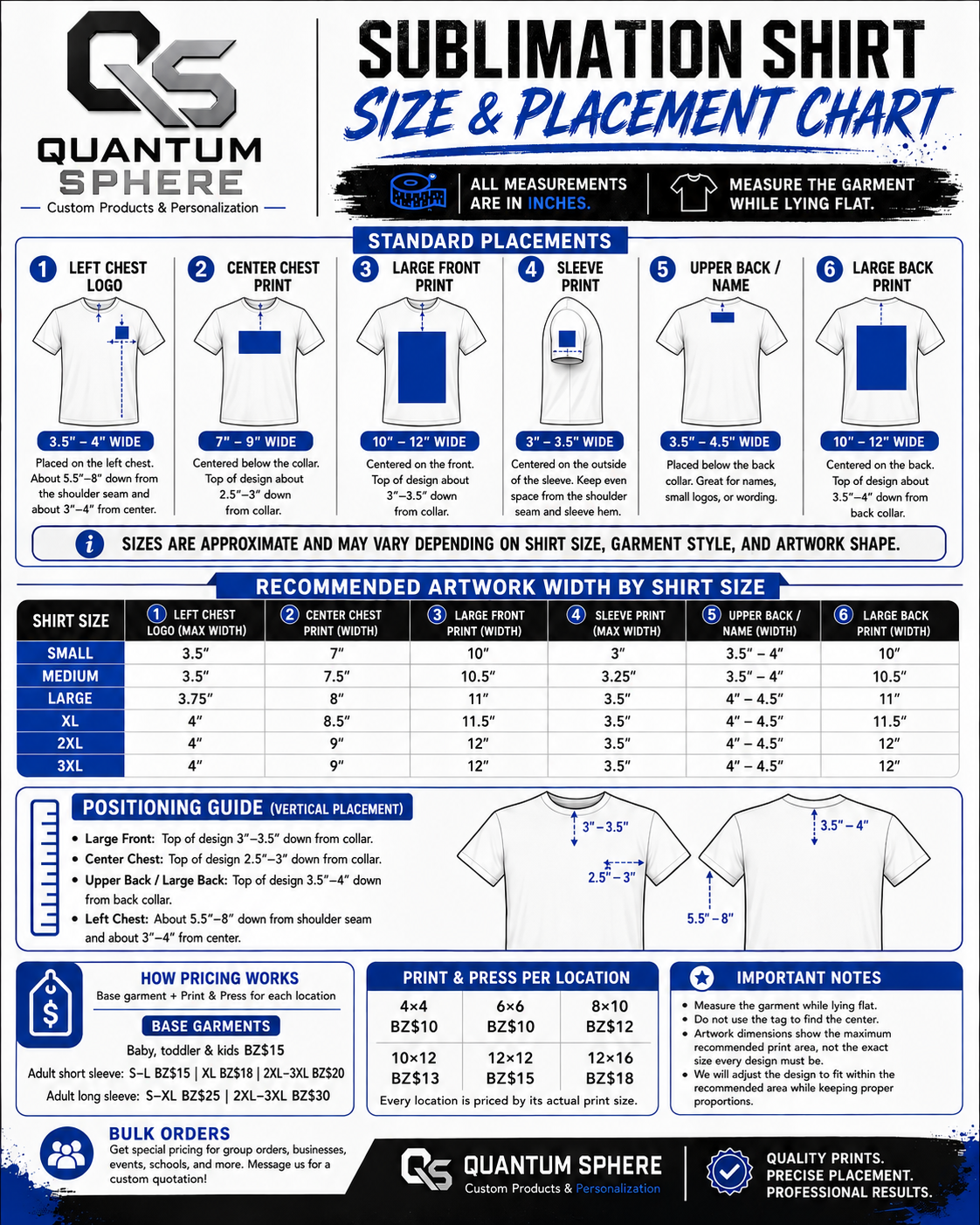 Quantum Sphere sublimation shirt placement chart with print locations, recommended artwork widths, pricing, and positioning guidance