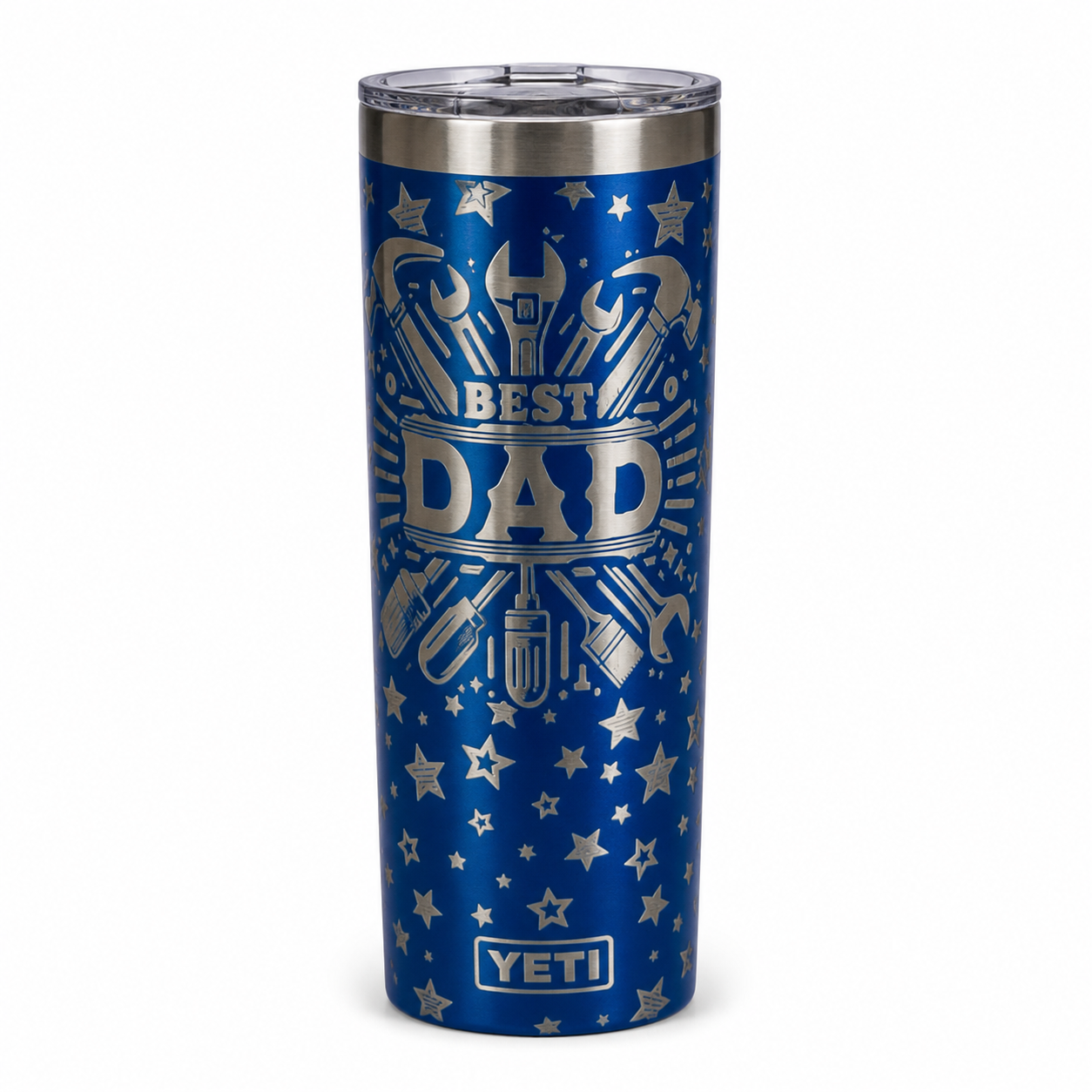 Blue tumbler with Best Dad, tools and stars engraved around the body