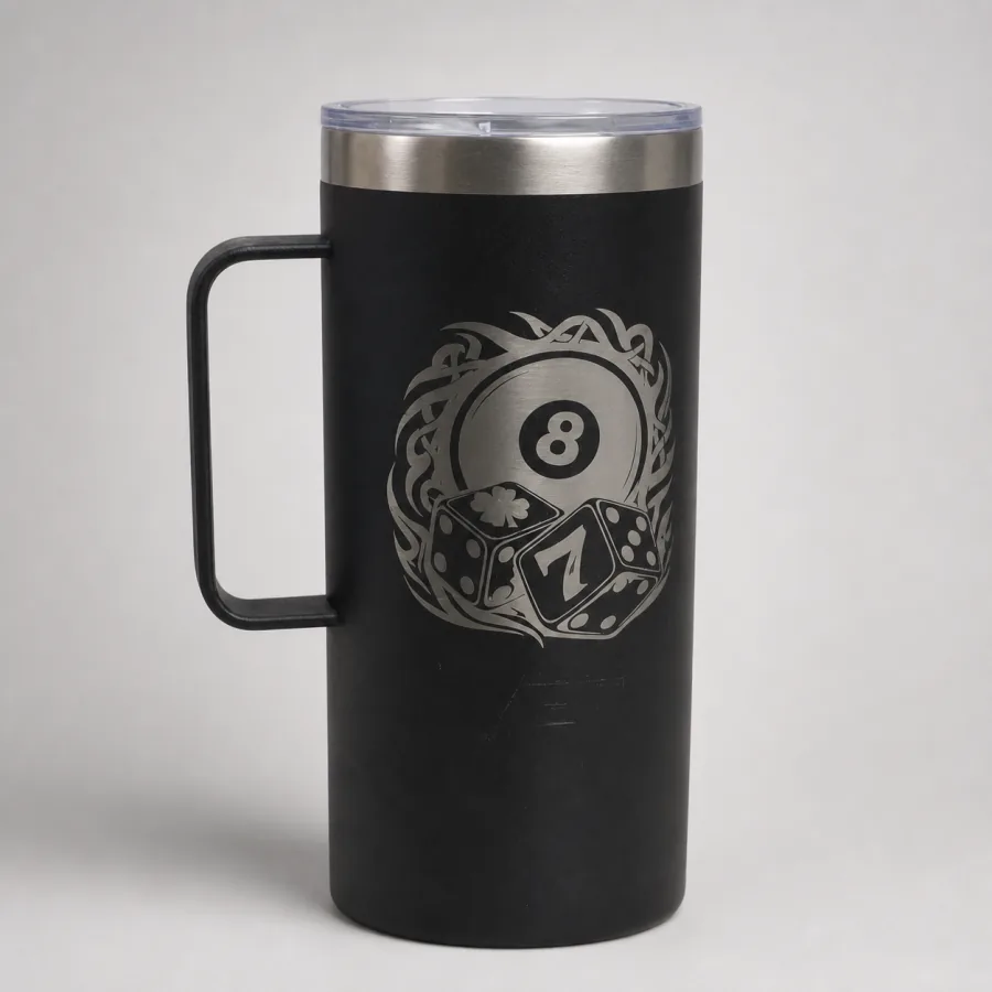 Black handled tumbler engraved with an eight-ball and dice billiards design