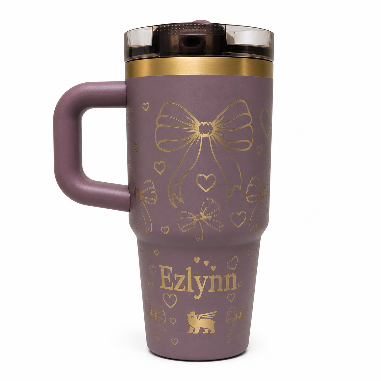 Mauve handled tumbler engraved with bows, hearts and the name Ezlynn