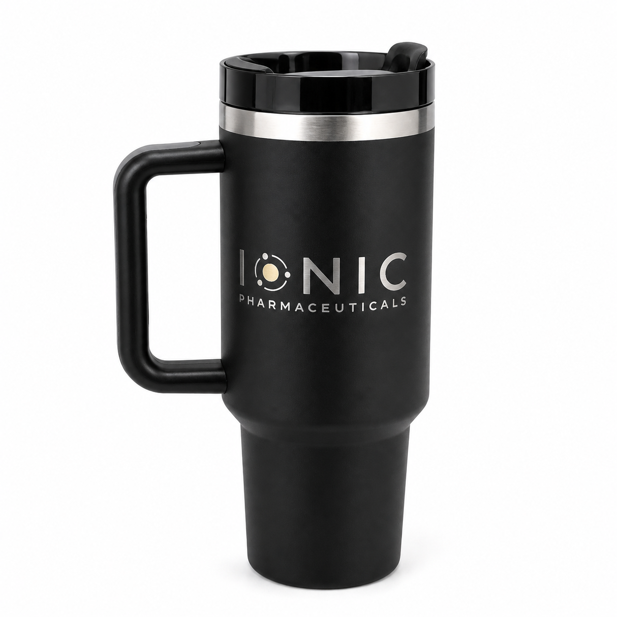 Black handled tumbler engraved with the Ionic Pharmaceuticals logo