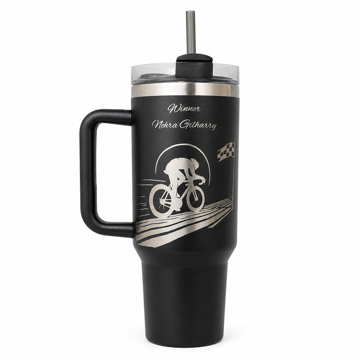 Black handled tumbler engraved with a cyclist and personalized lettering