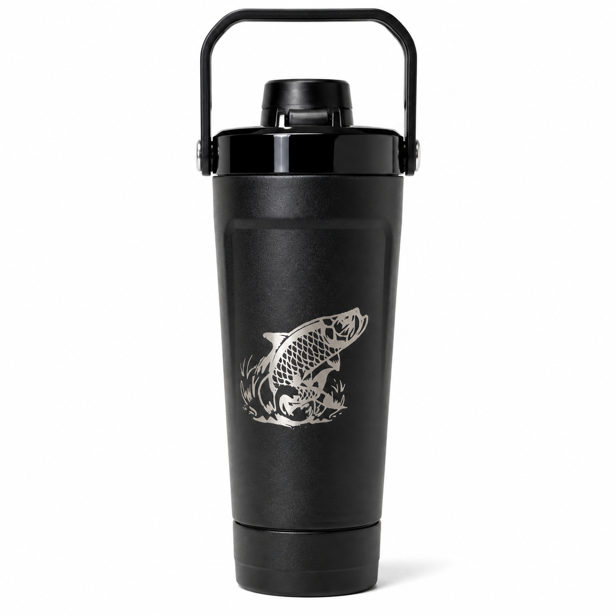 Black bottle with a carry handle and a silver fish engraving