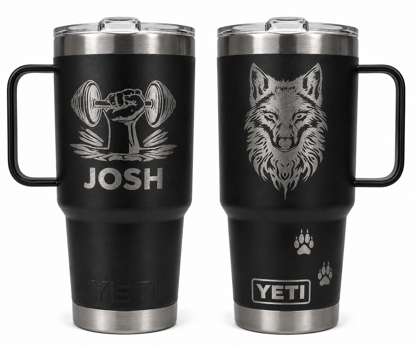Two black handled tumblers showing a weightlifting design with the name Josh and a wolf design