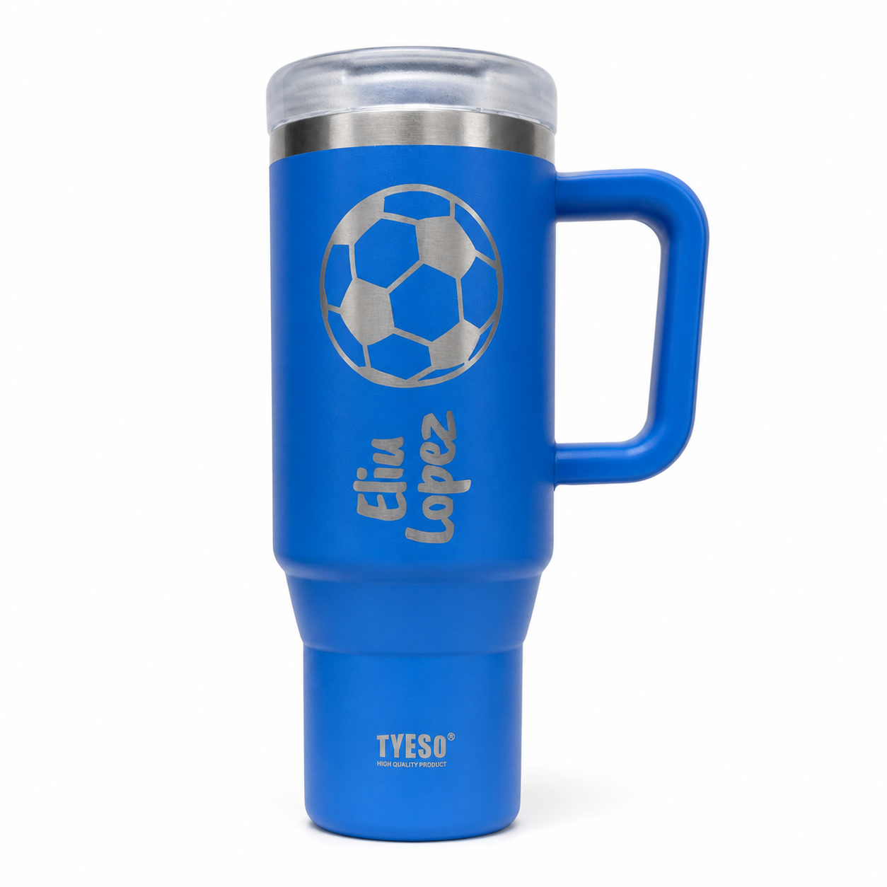 Blue handled tumbler engraved with a football and a personalized name