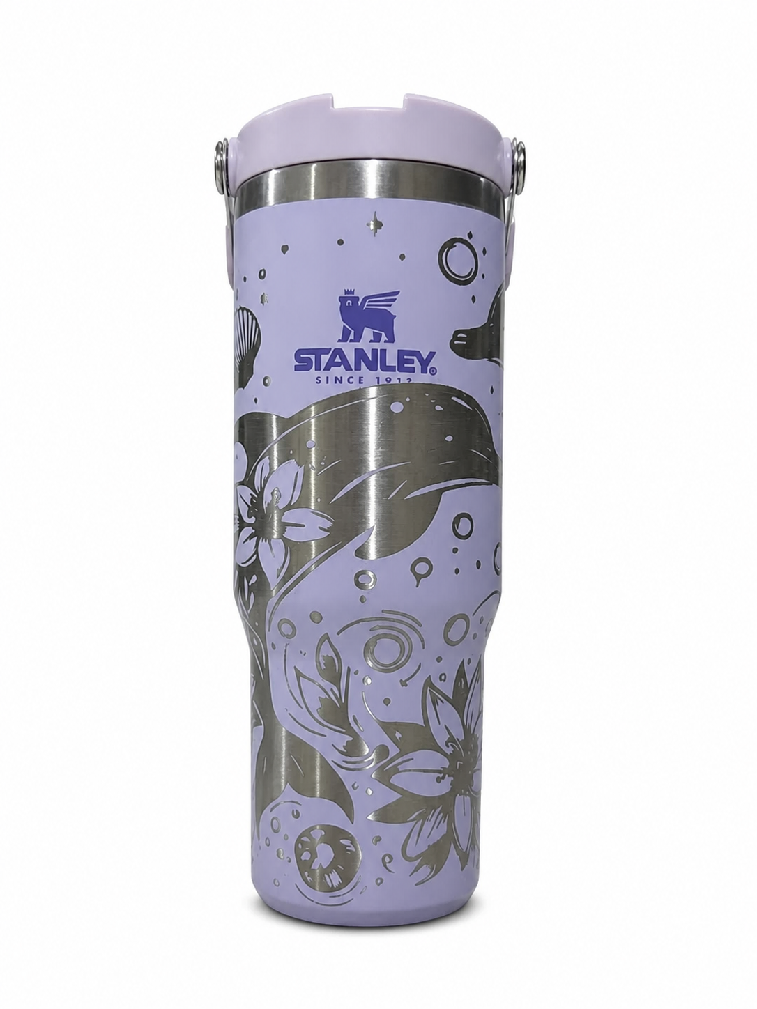 Lavender bottle with a detailed silver floral wrap engraving
