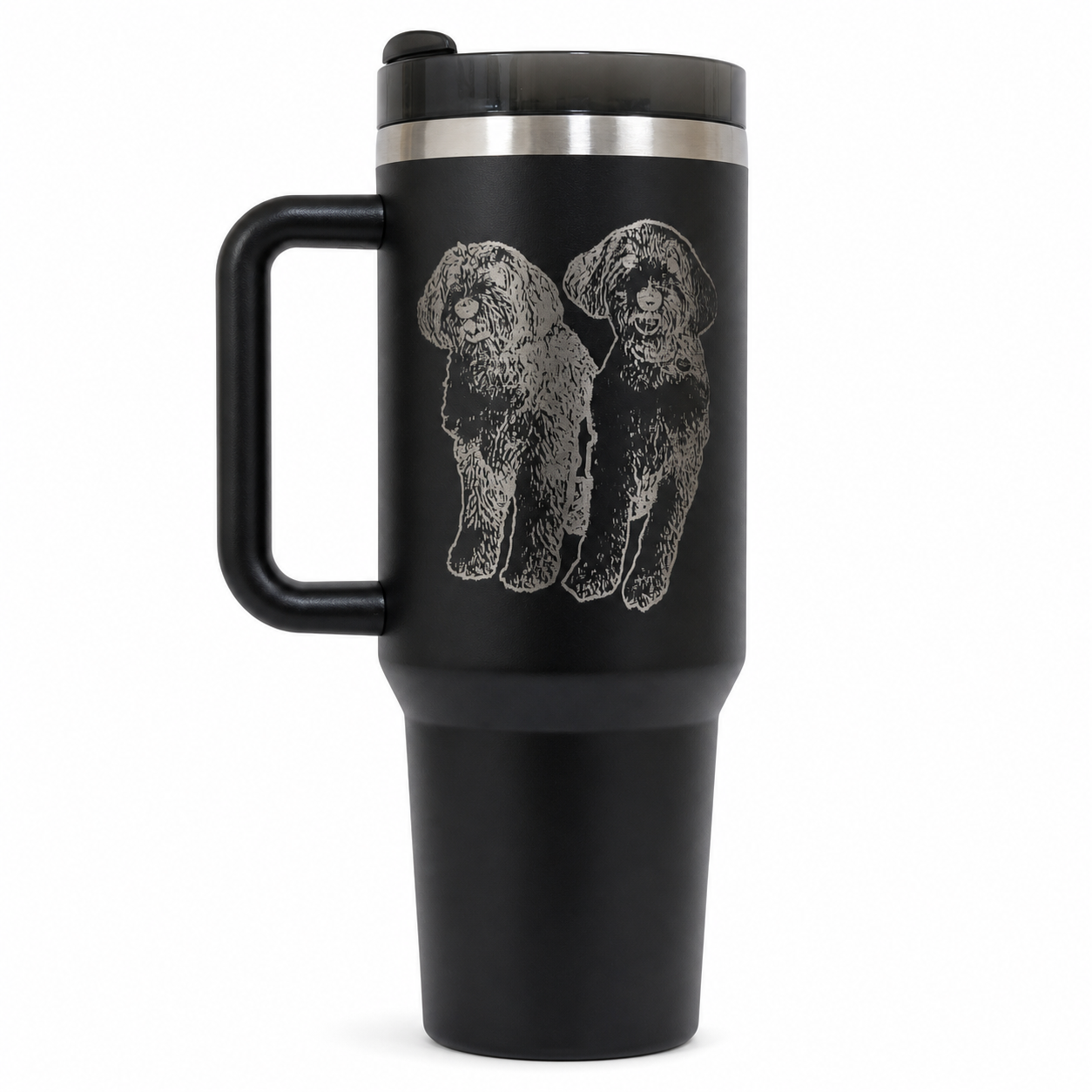 Black handled tumbler engraved with portraits of two dogs