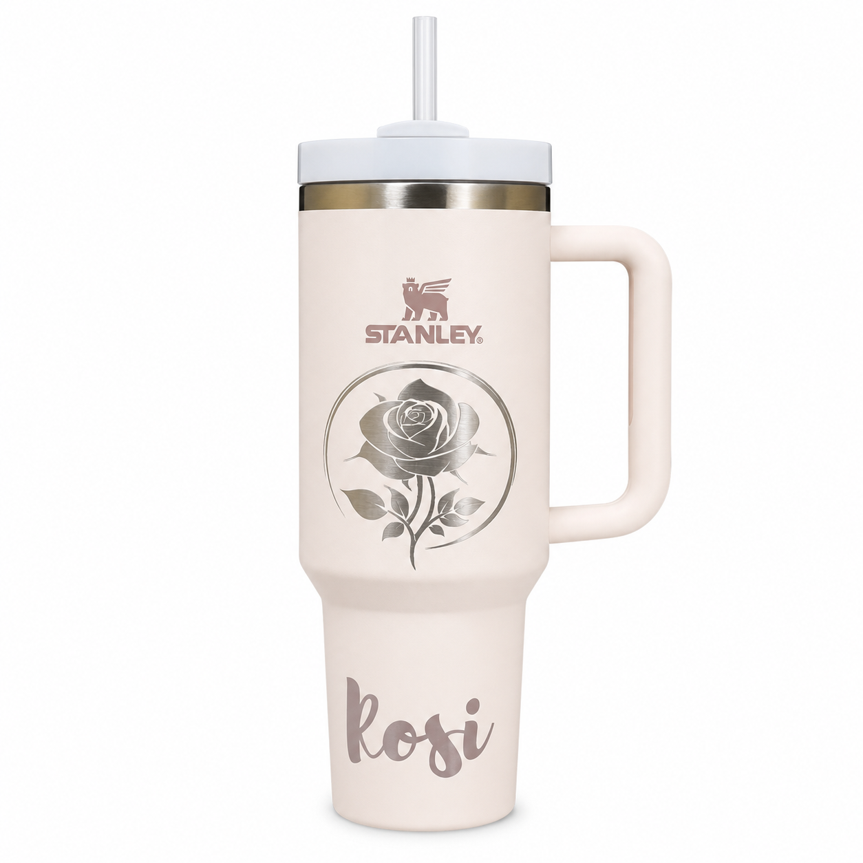 Cream handled tumbler engraved with a rose and the name Rosi